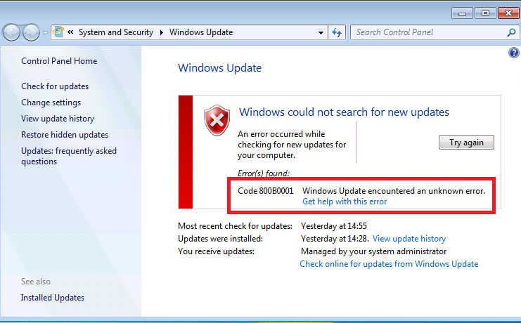 Windows Update Error 800B0001