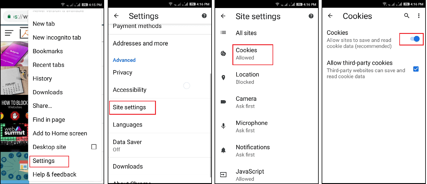 How to enable cookies in Android Devices