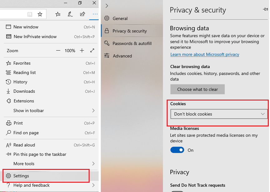 How to enable cookies in Microsoft Edges