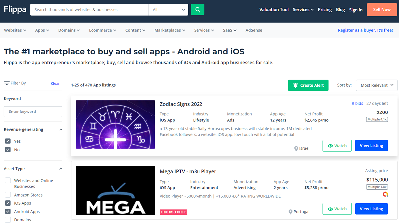 Flippa Marketplace to buy and sell apps